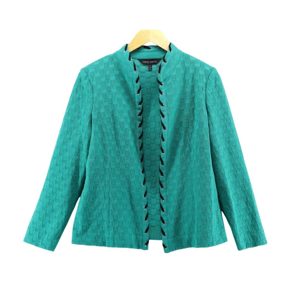 Ming Wang Small Textured Open Front Knit Sweater Green Black Trim